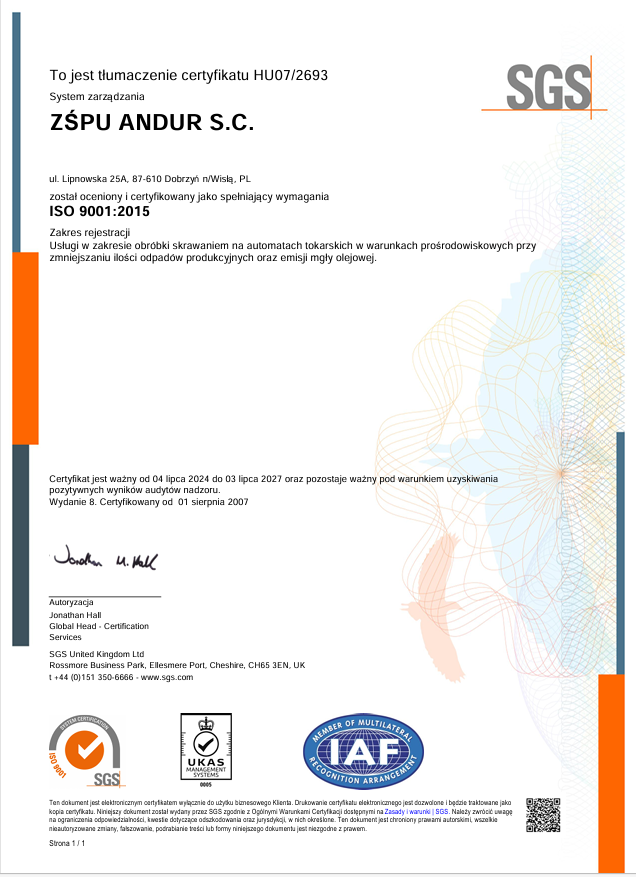 Certyfikat ISO 9001:2015 — wersja polska